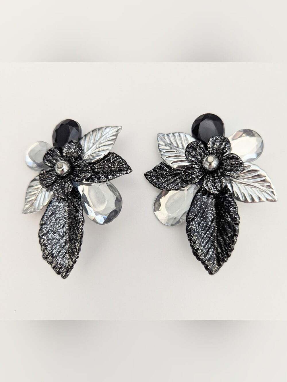 Statement Piece! Large Frosted Black Silver-Tone Clear Flower Clip-On Earrings